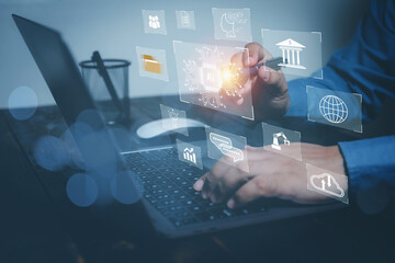 Businessman touching screen artificial intelligence to help them solve work problems in their companies. Intelligent technology help solve problems by giving commands. Technology, Innovation concept.