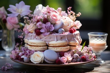 Birthday cake covered in edible flowers, macarons, and meringue kisses for a boho-chic celebration, Generative AI