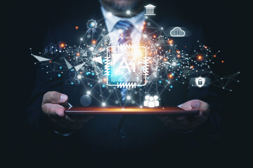Businessman using tools AI with business related icons around it. technology smart, artificial intelligence, and innovation futuristic and global. Communication connection by internet digital online.