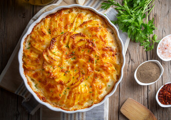 Potato gratin - graten (baked potatoes with cream and cheese) with rosemary and forks (Turkish name; Kremali patates)
