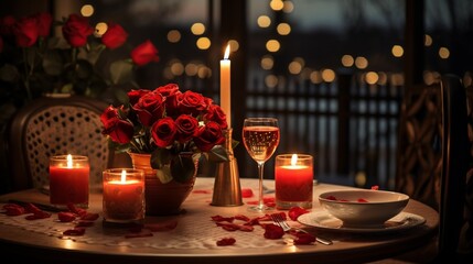 Romantic Dinner Luxury Table setup for couple, Illuminated by candlelight, Red Rose and wine, Romantic Vibe, Valentine's Day celebration Concept, Copy space for text