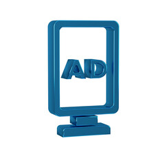 Blue Advertising icon isolated on transparent background. Concept of marketing and promotion process. Responsive ads. Social media advertising.