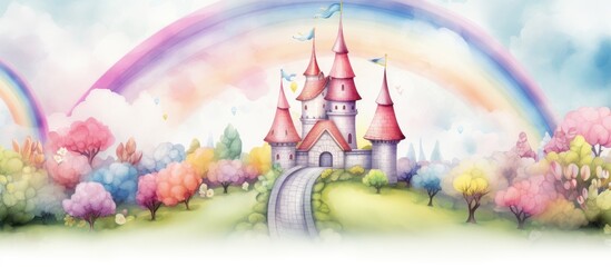 Enchanting watercolor illustration of a dreamy fairy tale landscape featuring a castle trees rainbows clouds and a cute seamless pattern