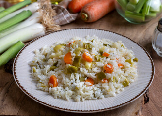Rice with leeks from traditional Turkish cuisine - Turkish name; pirasali pirinc pilavi