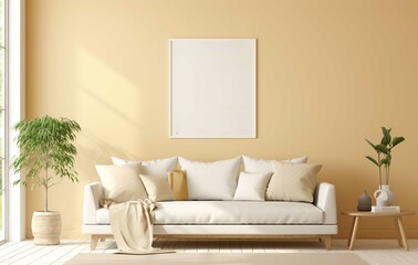 Cozy white sofa with pillows and blanket against window. Scandinavian, hygge home interior design of modern living room. 