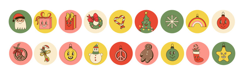 Groovy Christmas circle icons. Comic retro winter characters and decorative elements. Funny tree, glass balls, cute gifts and snowman. Hippie gingerbread, spruce wreath. Cartoon vector in 70s 80s
