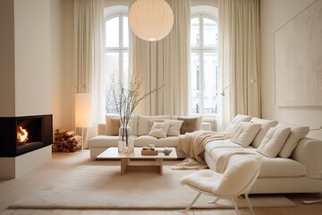 Fototapeta na wymiar Cozy white sofa with pillows and blanket against window. Scandinavian, hygge home interior design of modern living room. 
