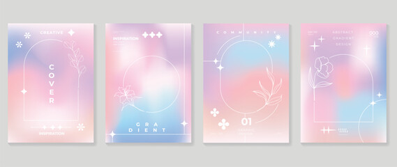 Aesthetic poster design set. Cute gradient holographic background vector with pastel colors, flower, geometric shape. Beauty ideal design for social media, cosmetic product, promote, banner, ads.