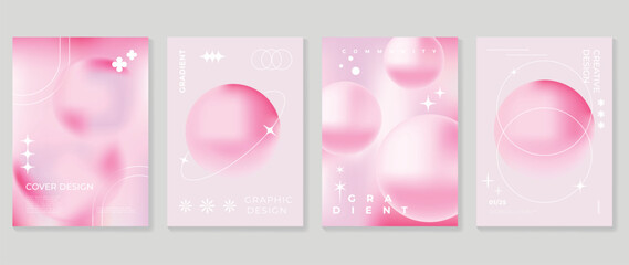 Aesthetic poster design set. Cute gradient holographic background vector with geometric shape, gradient mesh bubble. Beauty ideal design for social media, cosmetic product, promote, banner, ads.