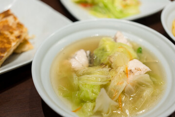 Cabbage soup bowl in the restaurant
