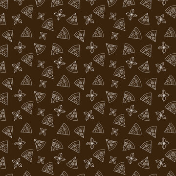 Seamless pattern with slices of pepperoni fruit pizzas with basil ham on brown background