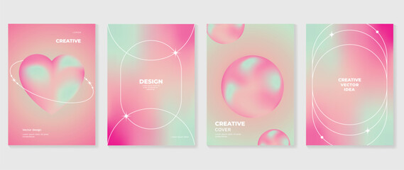 Aesthetic poster design set. Cute gradient holographic background vector with geometric shape, gradient mesh heart, bubble. Beauty ideal design for social media, cosmetic product, promote, banner, ads - obrazy, fototapety, plakaty