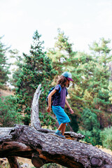 Naklejka premium boy walks on top of a fallen tree in the forest. Children's leisure, a happy child climbs a tree and has fun.