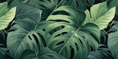 Background of various green tropical leaves. Panoramic background - obrazy, fototapety, plakaty