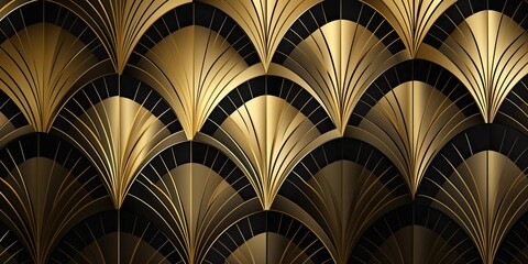  Seamless golden Art Deco scallop palm fan line pattern