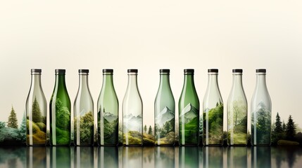Glass bottles in different colors containing nature, showing landscape in transparency. Concept of recycling glass, saving and respecting the environment. Being aware of natural ressources. Nobody.