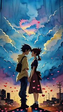 Couple of lovers Holding Hands against background of hearts and sky. Guy and girl in love on date. Romance. Greeting card for Valentine's Day. Watercolor vertical animation, zoom out. Anime-style