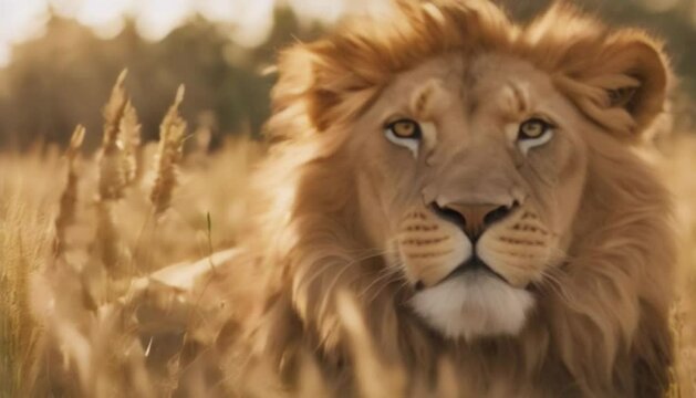 Close-up of lion in African savanna. Lion’s golden mane shines in light of setting sun, highlighting raw power and majestic beauty of one of nature’s most formidable predators. Motion left.