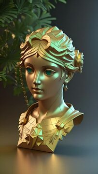 Antique gold statue of a female head on a dark green background. Golden bust of woman with emerald earrings. Motion. Zoom out. Vertical format.