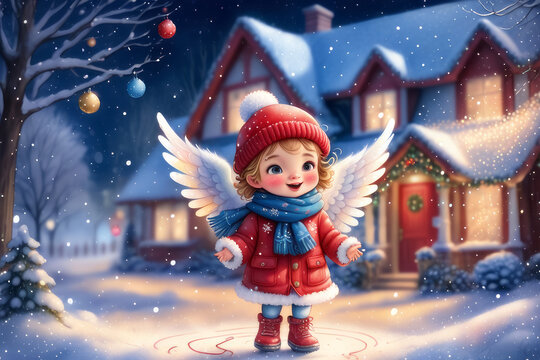 Nikolaus und Christkind Besuch im Winter Wonderland, generated image