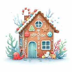 Ginger bread house watercolor isolated hand drawn painting, underwater sea animal in Christmas with gingerbread house watercolor illustration on white background, vintage watercolor gingerbread house