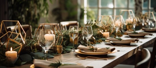 Elegant wedding table adorned with eucalyptus and gold geometric decor on rustic wood - obrazy, fototapety, plakaty