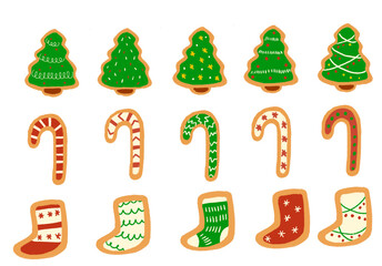 Illustration of a set of holiday season cookies, Christmas tree, Christmas cane, Christmas stocking, and gift cookies