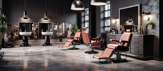 Modern and loft designed barber shop with a stylish isolated barber chair and a barbershop themed...