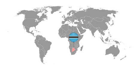 Pin map with Botswana flag on world map. Vector illustration.