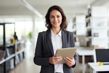 Smiling professional businesswoman using tab computer working standing in office. Confident business woman entrepreneur holding digital tablet tech device working, looking at camera. generative AI
