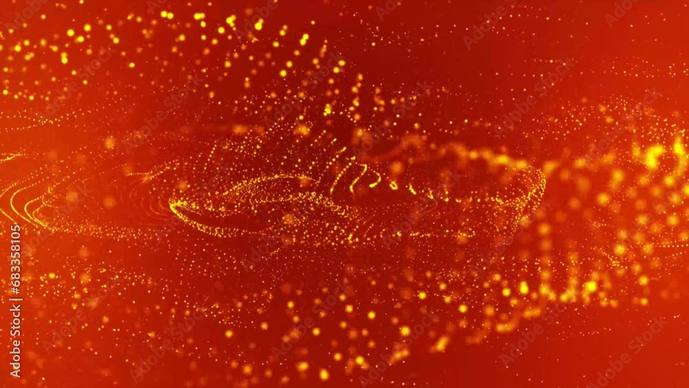 Poster flowing yellow dots and particles on a red background. abstract digital particle and dots wave and l