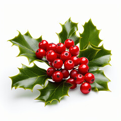 Lush Green Holly and Scarlet Berries, Isolated on White