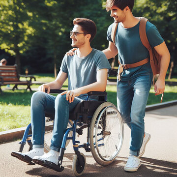 two friends with different disabilities, one using a wheelchair and the other with visual impairments, navigate a park together, supporting and guiding each other.