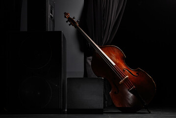 Beautiful classic double bass on a black floor on the theater, concert stage. Acoustic Contrabass...