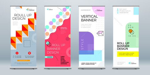 Business Roll Up Banner Set Abstract Roll up background for Presentation. Vertical rollup, x-stand, exhibition display, Retractable banner stand or flag design layout for conference, forum. - obrazy, fototapety, plakaty