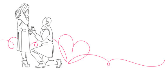 The guy makes a marriage proposal to his girlfriend. Line art. Valentine's Day line art vector illustration. Romantic