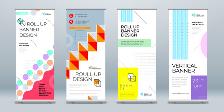 Business Roll Up Banner Set Abstract Roll up background for Presentation. Vertical rollup, x-stand, exhibition display, Retractable banner stand or flag design layout for conference, forum.