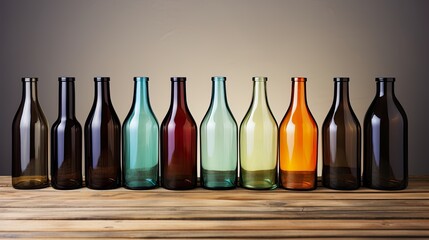 Colorful glass bottles standing aligned on wooden table. Concept of recycling glass, respecting environment and natural ressources. Copy space, card, banner, nobody. - obrazy, fototapety, plakaty