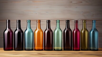 Colorful glass bottles standing aligned on wooden table. Concept of recycling glass, respecting environment and natural ressources. Copy space, card, banner, nobody. - obrazy, fototapety, plakaty