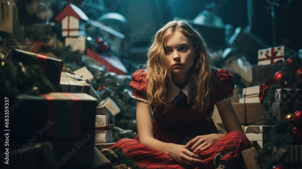 Poster A woman sitting in front of a christmas tree