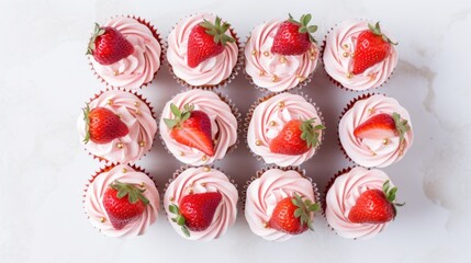 A white plate topped with cupcakes covered in frosting and strawberries