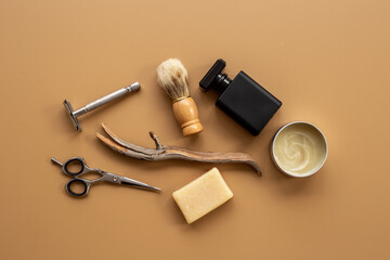 Male perfume with shaving brush and razor. Set of male accessories