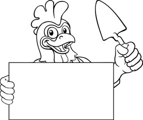 A bricklayer rooster chicken handyman cartoon construction mascot character holding a trowel tool