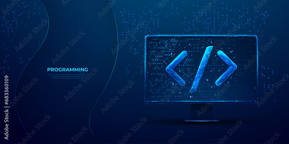 Poster Digital programming code on the computer monitor screen. Abstract software or web development concept on dark blue technology background. Develop of application. Low poly wireframe vector illustration