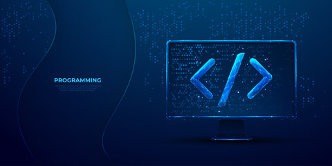 Digital programming code on the computer monitor screen. Abstract software or web development concept on dark blue technology background. Develop of application. Low poly wireframe vector illustration