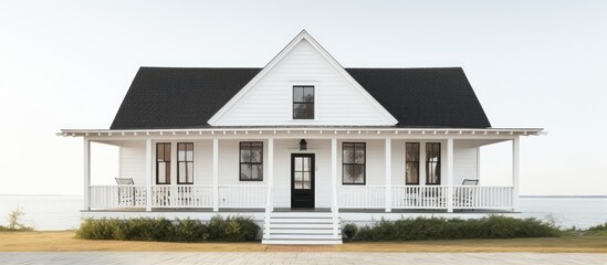 A beach house with a black front door styled like a white farmhouse