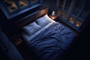 cozy empty bed at night top view. an atmosphere of calm and evening rituals before dreaming in a dream, evening light. room top shot. Generative AI