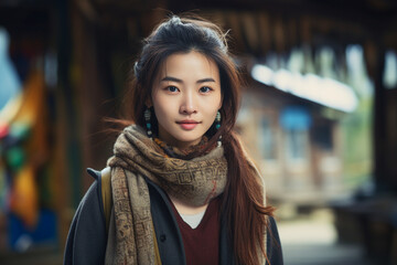 Fototapeta premium Generative AI image of a lovely cheerful girl enjoying walking in new city