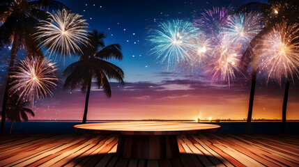 Round wooden table for mockup on the background of fireworks, sea, lights and palm trees at night, tropical nature