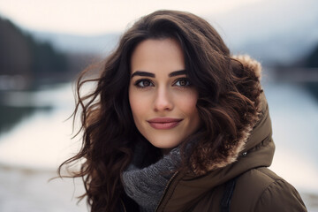 Fototapeta premium Attractive young woman enjoying wonderful winter weather outdoors Generative AI